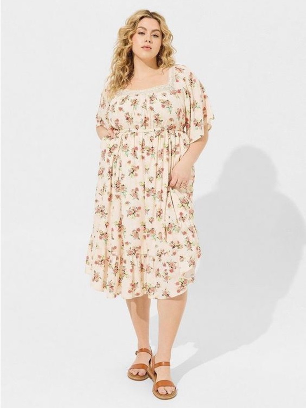 Torrid Cream Artisan Floral Midi Length Gauze Boho Peasant Dress Size 00